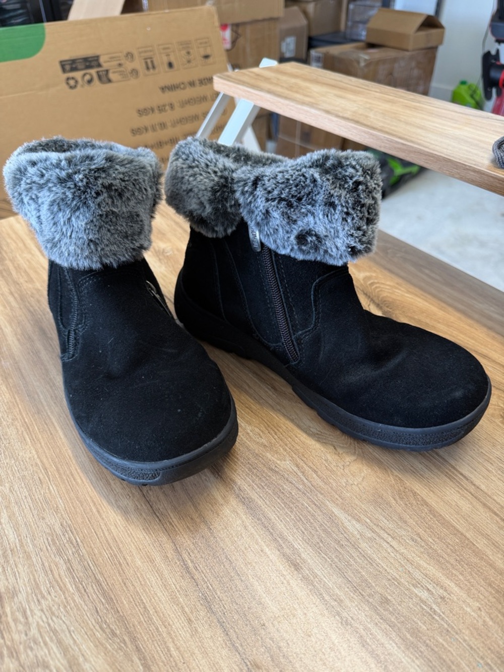 Khombu Black Suede Ankle Boots with Gray Faux Fur Cuff